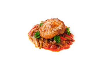 Meatballs with tomato sauce  and vegetables isolated on the white