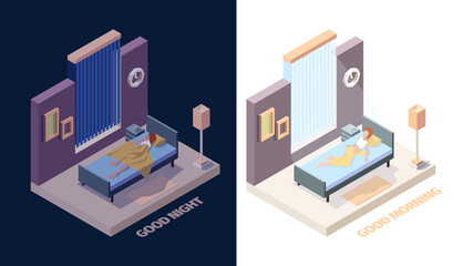 Wake up girl. Joyful happy woman in bed sleep in night and stretching hands in morning vector wake up isometric people. Illustration woman good morning, happy young girl awake