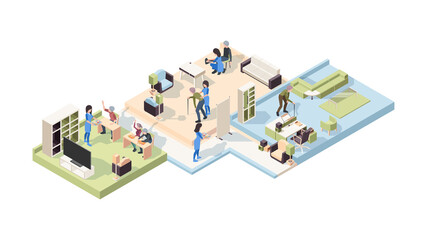 Nursing home isometric. Elderly male and female characters lifestyle healthcare professional medical senior helping vector people. Nursing retirement, medical support grandparents illustration