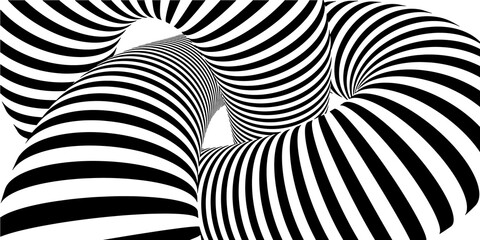 Abstract background with  lines on white. Black and white monochrome stripes banner. 3D knot torus with  lines effect. Vector Illustration.