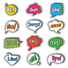 Talk phrase. Speech bubbles with words dialogue text yes, omg, vector colored comic balls. Message bubble graphic, speak shape illustration