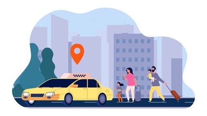 Family trip. Mother daughter and dad go to taxi vector illustration. Taxi trip family, travel and vacation with baggage and luggage © ONYXprj