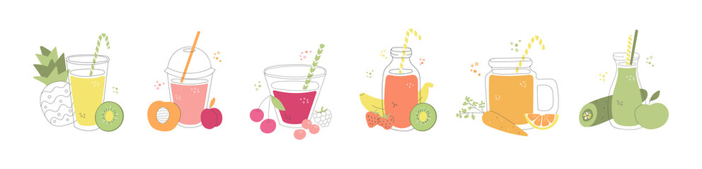 Set of glasses of fruity smoothie. Hand drawn glasses with fresh smoothie, fruits, berries and vegetables. Collection of summer drinks in whimsical style. Colourful bottles with ingredients.