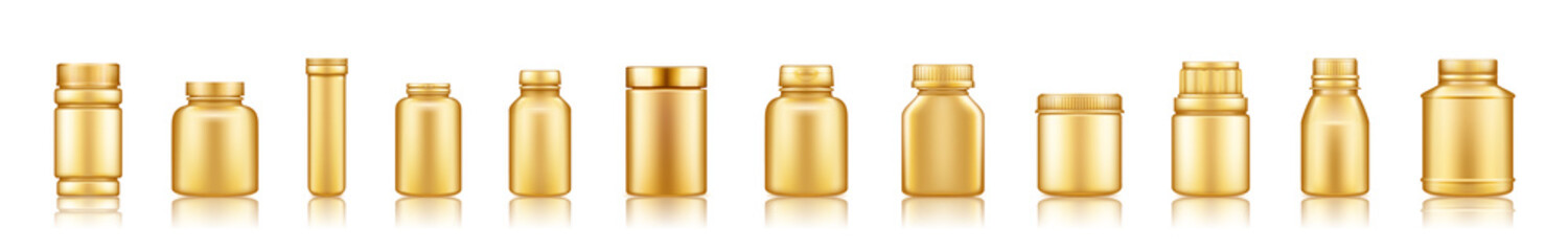 Set of gold plastic medicine jar mockups isolated on white background. Packaging design. Blank food, sport, fitness, or dietary nutrition, healthcare bottle template. 3d realistic vector illustration