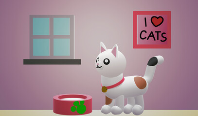 The 3D cartoon illustration picture of a cat standing in front of a milk bowl in the room.