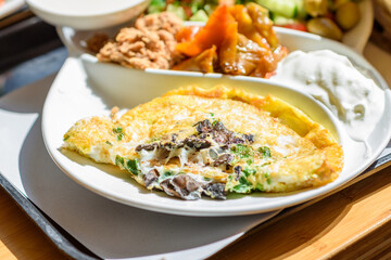 Fitness Breakfast. Herbes And Mushroom Omelette, White Cheese, Vegetables And Canned Tuna .