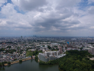 Fototapeta na wymiar ドローンで空撮した夏の名古屋の街並みの風景