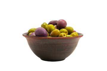 Olives in ceramic brown bowl isolated on white