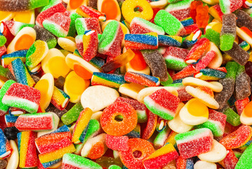 Assorted gummy candies. Top view. Jelly  sweets.