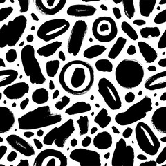 Geometric vector seamless pattern in Memphis style. Grunge brush stroke, circles, dots and shapes. Hand drawn ink illustration in eighties and nineties style. Hipster black paint geometric background.