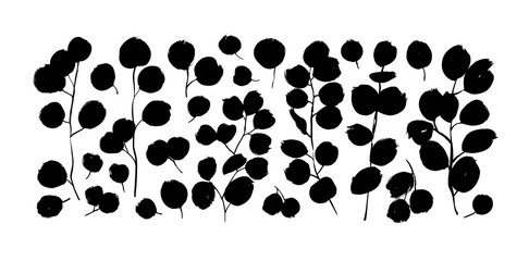 Fototapeta na wymiar Eucalyptus branches with round leaves vector collection. Set of black silhouettes leaves and branches. Hand drawn eucalyptus foliage, brush twigs. Vector ink elements isolated on white background.