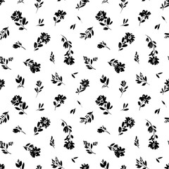 Seamless floral vector pattern with peonies, camomile or daisy. Hand drawn black paint illustration with abstract floral motif. Graphic hand drawn brush stroke botanical pattern. Leaves and blooms.