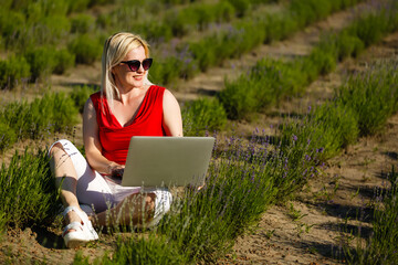 Euphoric woman searching job with a laptop in an urban park in summer