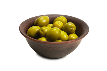 Olives in ceramic brown bowl isolated on white