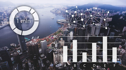 Aerial photo of a Hong Kong cityscape popular financial and business centers. Developed infrastructure of buildings and transportation. Infographics graph with diagrams and networking zone map