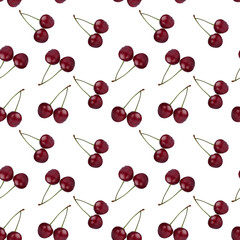 Ripe, juicy red cherries on a white background, flat geometric seamless pattern