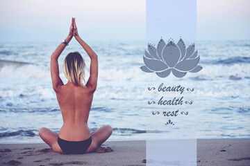 Back view of young woman practicing yoga on seashore with amazing sea horizon on background, woman seeking enlightenment through meditation, infographic design elements in yoga pose