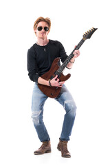 Fototapeta na wymiar Talented skillful rock music guitarist playing solo on electric guitar wearing sunglasses. Full length portrait isolated on white background. 