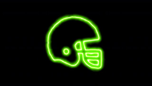 The appearance of the green neon symbol football helmet. Flicker, In - Out. Alpha channel Premultiplied - Matted with color black
