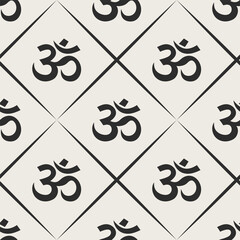 Seamless vector pattern with Aum Om Ohm symbol. Minimalistic illustration Indian culture India spirital yoga om icon calligraphy