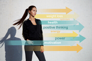 Half length portrait of motivated young woman runner standing with dynamic flying hair on white background with conceptual infographics arrows about sport lifestyle goals, health and weight loss