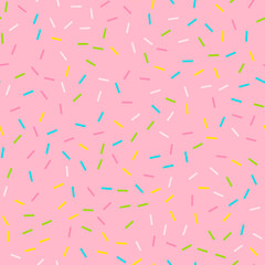 Seamless background. Pink donut glaze or ice cream top with many decorative sprinkles. Celebration confetti pattern