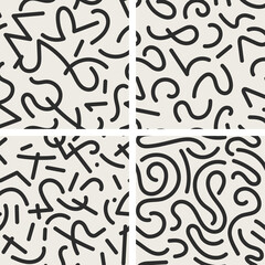 Set of 4 seamless trendy fashion abstract backgrounds in doodle style. Vector creative patterns