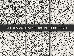 Collection of 6 seamless trendy fashion abstract backgrounds in doodle style. Vector creative patterns
