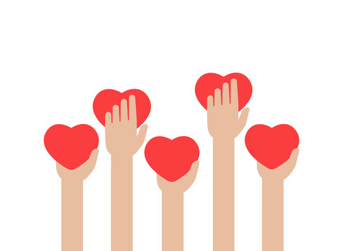 Hands holding red hearts on white background. worldwide on-line help and support concept.