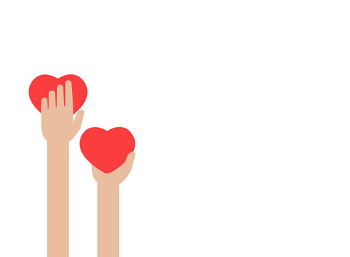 Hands holding red hearts on white background. worldwide on-line help and support concept.