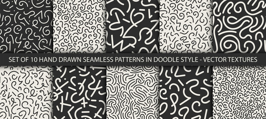Collection of 10 seamless trendy fashion abstract backgrounds in doodle style. Vector creative patterns in dark colors