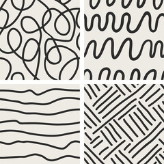 Set of 4 black and white seamless scribble hand drawn textures. Vector doodle illustrations for your design.
