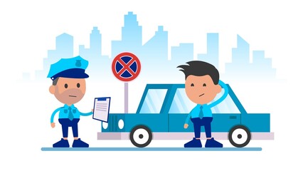 Police writing a parking fine to a car parked in a prohibited place. Driver is very disappointed.