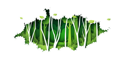 Green jungle tropical rain forest nature landscape background paper art style.Vector illustration.