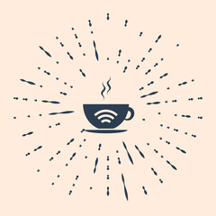Black Cup of coffee shop with free wifi zone icon isolated on beige background. Internet connection placard. Abstract circle random dots. Vector Illustration.