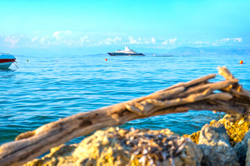 Beautiful seascape with yacht on the horizon at Greece island corfu. 