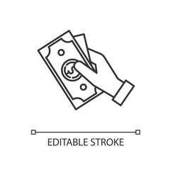Hand hold money linear icon. Cash for client. Business revenue. Employee salary. Bank benefit. Thin line customizable illustration. Contour symbol. Vector isolated outline drawing. Editable stroke