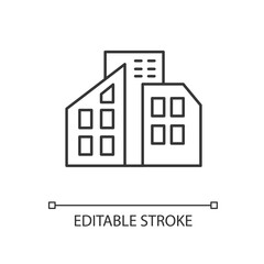 Smart city linear icon. Urban office center. City skyscrapers. Condo building. Tall houses. Thin line customizable illustration. Contour symbol. Vector isolated outline drawing. Editable stroke