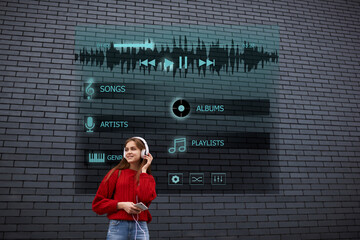 Smiling teen hipster girl dressed in casual outfit having city tour enjoying playlist on smartphone listening favourite songs via headphones, infographics digital interface
