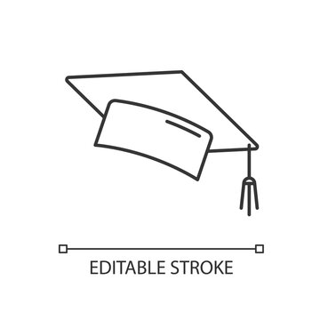 Graduation cap linear icon. College mortarboard. University graduate. Knowledge and wisdom. Thin line customizable illustration. Contour symbol. Vector isolated outline drawing. Editable stroke