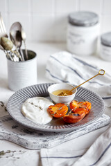 Grilled apricots. Grilled peaches with mascarpone cheese and honey, veggie dessert.