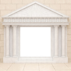 Obraz premium White portal in antique style, against a beige stone wall. Glowing portal with columns in a classic style. 3D Render