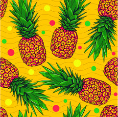 Seamless ananas pineapple pattern on wavy yellow background with colored circles. Summer trendy endless food ornament. 