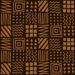 Vector seamless geometric pattern of hand-drawn squares, stripes, lines, dots, zigzags. Ethnic color pattern on a dark background. For decor, textile, fabric, carpet, wrapping, wallpaper, background.
