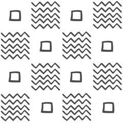 Vector seamless black and white geometric pattern of hand-drawn squares and zigzags. Black pattern on a white background. For decor, textile, fabric, carpet, wallpaper, ceramic tiles, wrapping paper.