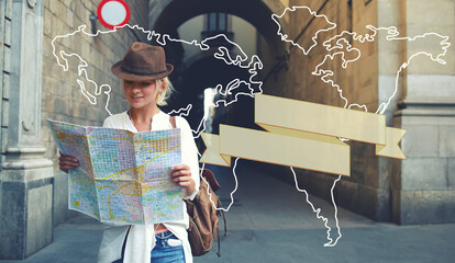Happy female tourist with backpack exploring map while standing in alley near vintage building, trendy woman traveler with smile reading geographical atlas while touring in old city. Infographics map