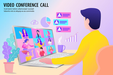 A business team in a video conference call analyzes data and statistics. The man at the laptop attends an online meeting with charts, illustrating a remote presentation, financial report,  teamwork.