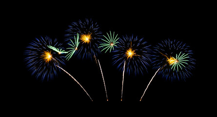Fototapeta premium Blue fireworks display on night sky.