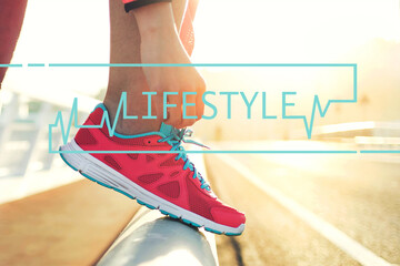 Cropped shot view of young fit woman tie shoelaces while standing on road during jogging in summer evening, runner tying the laces on shoes at training outdoors. Infographics cardiographs illustration