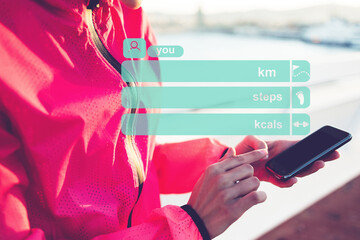 Close up of young female runner using mobile phone fit application during training,woman's hands holding smartphone checking workout calories. Infographics illustration of sport app cellular interface